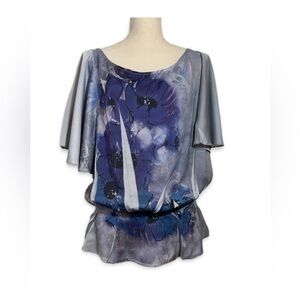 Nue Options Peplum Gray & Blue Flutter Sleeve Blouse Size Large